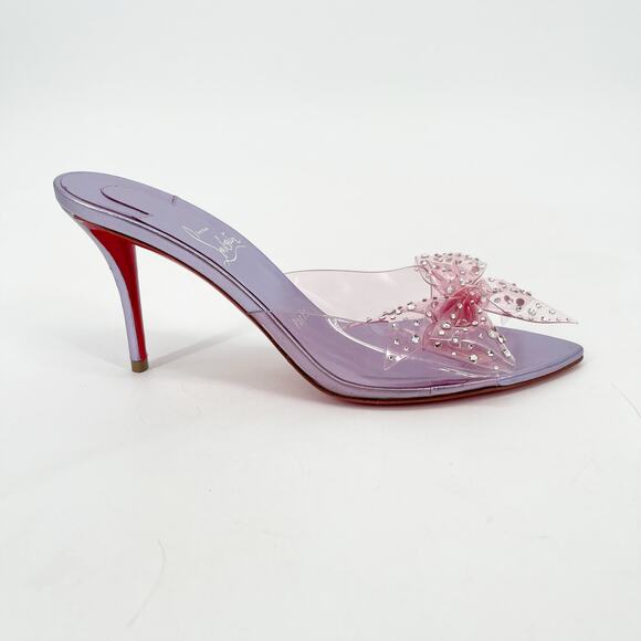 Christian Louboutin Aqua Strass PVC Pink Crystal Bow Pointed Toe Mules EU 37.5 - Picture 2 of 13